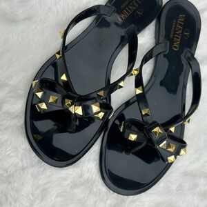Valentino Rockstud Bow Jelly Thong Flat Sandals Black Studded Size 39/8.5 EUC